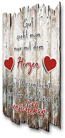 Kreative Feder Wandbild Mit dem Herzen sehen aus Holz im Shabby Chic Landhaus-Stil - Holzschild Größe 30x20cm (Mit dem Herzen sehen)