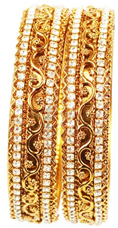 Touchstone Armreifsammlung indisches Bollywood Rhein Zickzack verdrahtete Designerschmuck dicke Kada Armreifen Armbänder für Damen 2.25 Set 2 Gold