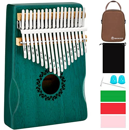 RANMING Kalimba Daumenklavier-Set mit 17 Tasten, Mbira, mit tragbarer Handtasche, Lernbuch und Stimmhammer, Mbira Fingerklavierinstrument, Anfänger und Profis (Mahagoni-Handauflage), Grün