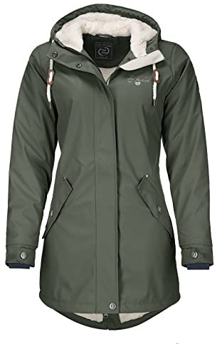 Dry Fashion Damen Regenmantel Malmö - Frauen Regenjacke Jacke mit Kapuze Lang Winddicht Wasserdicht Gefüttert mit Teddyfleece in Oliv Größe 50