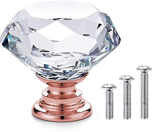 Vandicka 20 Pack 30mm Crystal Glass Cabinet Door Knobs Cupboard Wardrobe Dresser Drawer Pull Handles (Clear Diamond + Rose Gold Base) with Mounting Screws in 3 Sizes