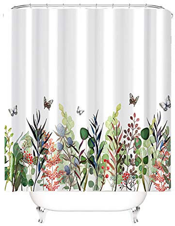 M&W DAS DESIGN Duschvorhang bunt Blumen Schmetterlinge Badezimmer Textil Vorhang Antischimmel Effekt Pflanzen waschbar Shower Curtain Badewanne Blätter inkl. 12 C-Ringe Gewicht unten 200x220(BxH) cm