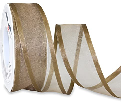 PRÄSENT Geschenkband MARSEILLE Taupe – Ideal für Hochzeit, Geburtstag und besondere Anlässe, Dekoband aus Polyester und mit Drahtkante, Made in Germany – 25-m-Rolle 40 mm breit