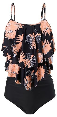 FLYILY Femmes Deux Pièces Taille Haute Maillots De Bain Tankini Ensembles À Volants Ruché Costume De Natation(2-BlackFlower,L)