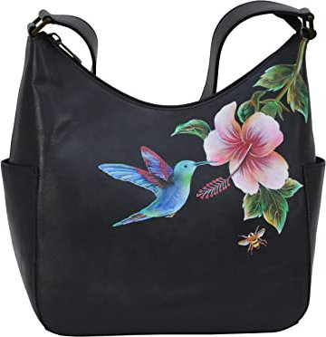 Anuschka Klassische Handbemalte Hobo Tasche aus echtem pflanzlich gegerbtem Leder mit Seitentaschen für Damen - Hummingbird Black
