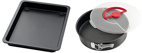 Dr. Oetker Backblech mit extra hohem Rand, aus hochwertigem Stahlblech mit Antihaft-Beschichtung, eckige Form, Grau/Schwarz, 1 Stück & 1010 Bake & Go Springform Ø 26 cm mit Transporthaube