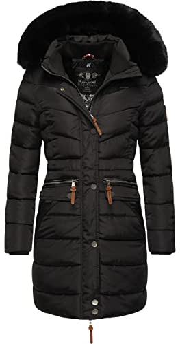 Navahoo Damen Wintermantel warmer Steppmantel lang mit abnehmbarer Kunstfell-Kapuze Paula Black with black fur Gr. S