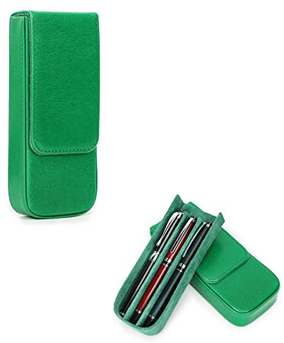 Hiram Leather Pen Box - Vegetable Tanned Green Leather Fountain Pen Storage Case with Hidden Magnetic Closure and Tray Design for 3 Pens
