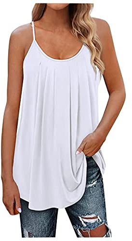 SCBFDI Debardeur Femme Ample Spaghetti Col Rond Plissées Ete Débardeur Long | Décontracté Imprimé Fluide Top Dos Nu Y2K Plested Sans Manches Doux Club Tendance Chemises Vêtements Grandes Tailles