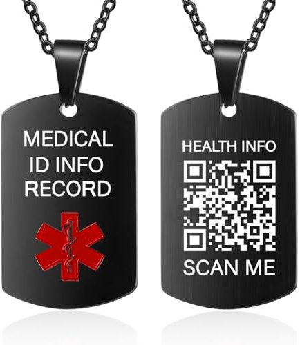 Theluckytag Medizinische Alert Halskette für Männer Frauen,19'' Kette graviert QR Code Medizinische ID Halskette für mehr Raum Benutzerdefinierte Online Notfall medizinische Info