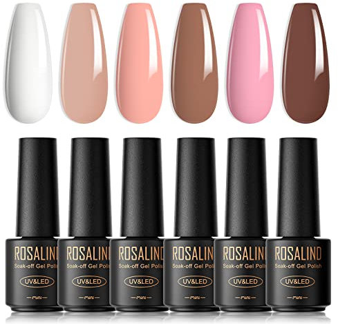 ROSALIND Esmaltes Semipermanentes para Uñas, 6 Colores Mini Pintauñas Semipermanentes Blanco Rosa Nude Marrón，Pintauñas Semipermanentes UV Led