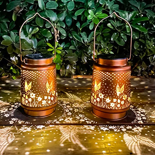 TickTime 2 Pack Hummingbird Garden Solar Lantern, Metal Solar Hummingbird Lantern Outdoor Waterproof Hummingbird Decorative Light Garden Decor Perfect Hummingbird Gifts for Women Mom Grandma, Brown