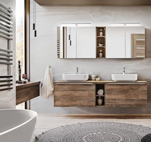 NAKA Santa Fe Badmöbel-Set 180 cm mit 2 Waschbecken Badschrank Waschtisch Soft Close Badezimmerschrank Waschbeckenunterschrank Matt Braun