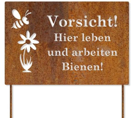 Feuerfest 123 GmbH Edelrost Schild mit Stecker Vorsicht Hier Leben Bienen