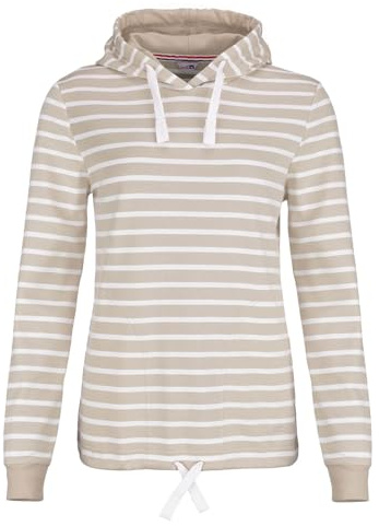 modAS Damen Kapuzenshirt Langarmshirt gestreift - Kapuzenpullover Streifenshirt Ringelshirt mit Kapuze aus Baumwolle in Sand-Weiß Größe 38