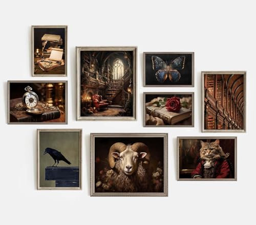 SPRWIND Wandkunstdrucke im Hochformat mit 9 Postern, Hogwarts, Vintage-Kunstwerk, stimmungsvolle dunkle Akademie, Heimdekoration, Geschenke, Wandcollage-Set, Bilder, ungerahmt