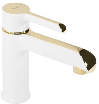 Rea Waschtischarmatur MELIA white gold Low Wasserhahn Bad Badarmatur aus Messing Armatur für Waschbecken Badezimmer Mischbatterie Waschbecken Einhebel (Weiß/Gold)