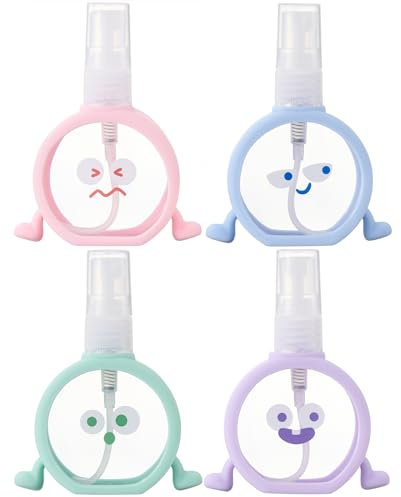 Textention Botella de viaje con atomizador de 55 ml, paquete de 4 botellas de plástico vacías de niebla fina, mini recipientes de viaje reutilizables pequeños y recargables para perfume, alcohol,