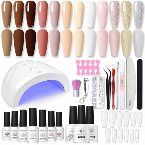 BORN PERTTY UV Nagellack Set mit UV Lampe 12 Farben - 47PCS 48W Gel Nagellack Set mit UV Lampe Nagelset Gelnägel Starterset Nude Silber Glitzer Gold