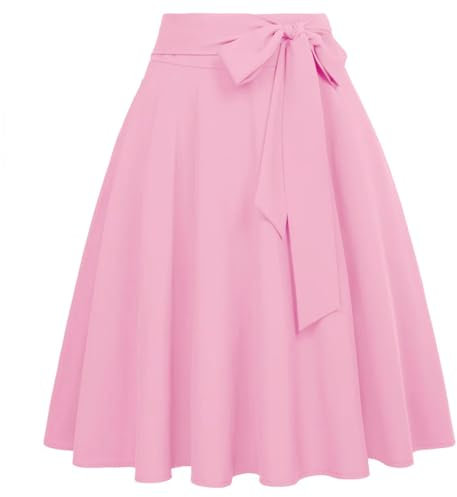 Damen-Sommerrock in A-Linie mit hoher Taille und Schleifenverzierung und knielangem Rock – Rosa – L