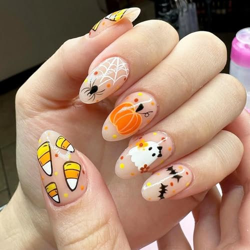 24Pcs Halloween Fake Nails - Cute Spider Pumpkin Ghost Almond False Nails Square Cute Shards Press on Nails - Full Cover Stick on Nail for Women and Girls Manicure Decorations