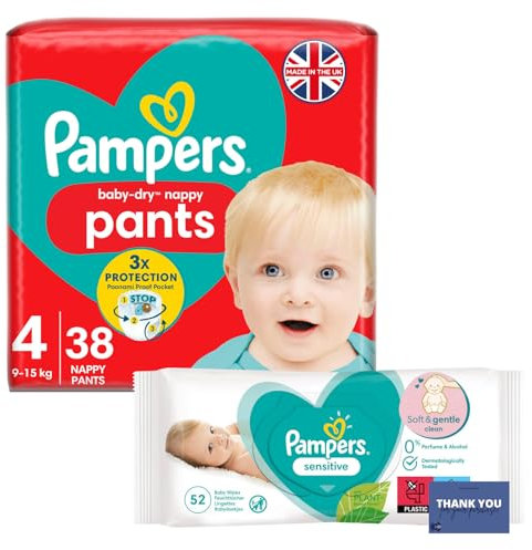 Baby Dry Nappy Pants Essential Pack Consists of Size 4 Nappies (9kg-15kg) with Baby Wipes (52 per Pack)