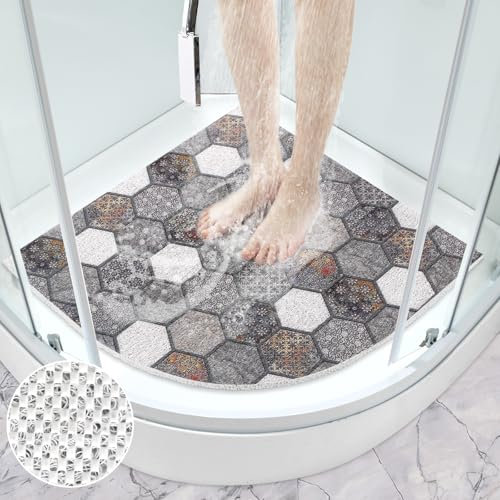 Tapis de douche d'angle antidérapant : 70 x 70 cm Grand tapis de douche en forme de quart de cercle pour douche intérieure – Coloré luffa Secteur de douche Mat Anti-moisissure Antidérapant