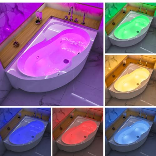 ECOLAM® Badewanne LED Beleuchtung WELA 150x100 cm RECHTS | Eckwanne Antirutsch Beschichtung | Unterwasserbeleuchtung 8 Farben | Schürze Ablaufgarnitur Füße Silikon Komplett-Set