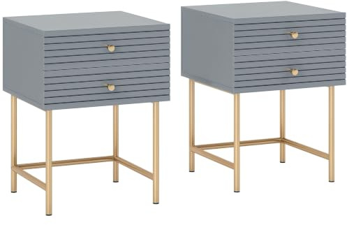 HOMCOM Nachttische 2er Set mit 2 Schubladen Gold-Stahlbeine Modern Grau