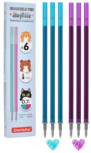 Donluhu Ersatzminen für Radierbare Stifte [3 Türkis,3 Violette, 6er Pack], Höhe 13 cm, Kompatibel mit Legami und anderen Marken, die ​Standard-13cm-Minen​ verwenden, Stiftspitze 0,7mm