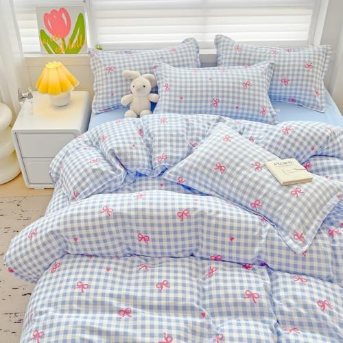 Nayoroom Bettwäsche 140x200 Blau Kariet mit Rosa Schleifen Herzchen Bettbezug Set 2teilig Aesthetic Cute Renforce Mikrofaser Kinder Modern Bettwäsche-Sets und 1 Kissenbezug 70x90 mit Reißverschluss