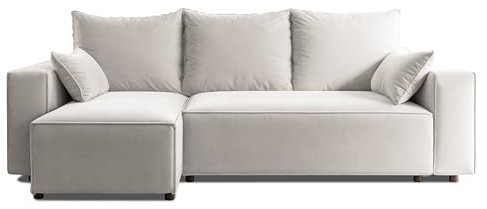 4ALL HOME Ecksofa mit Schlaffunktion Tobi 246x145 cm - Couch - Sofa mit Bettkasten - Eckcouch - L-Form - Schlaffsofa - Schlafsofa mit Bettkasten - Universal (Velo 621 Weißer Papirus)