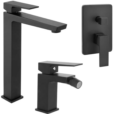 Set Miscelatori Per Lavabo Da Appoggio, Bidet E Doccia In Ottone Nero Opaco Della Linea Kubo, Completo Di Pilette Click Clack E Corpo Da Incasso