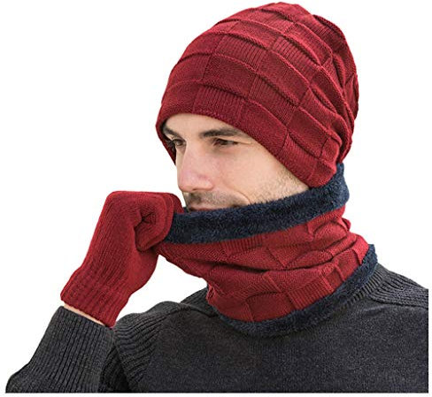 cfpqv Mützen-Set, Herren-Handschuhe, Dicke Mütze, gestrickter Winter-Schalldämpfer, Plus Kragen und Samt-Baseballmützen Mütze Schal Set Damen Gelb (Red, M)