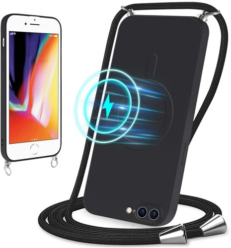 Coiwxmoi Magnética Funda para Apple iPhone 7 Plus / 8 Plus 5,5 con Cuerda Compatible con MagSafe,Carcasa Silicona Líquida Antigolpes Case con Ajustable Collar Correa de Cuello Cadena Cordón,Negro
