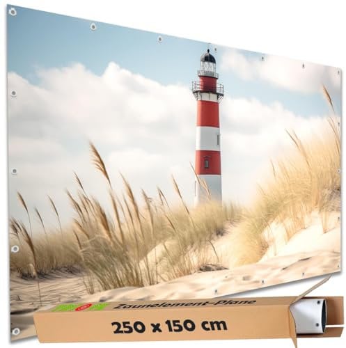 TRIOSK Sichtschutz Garten Deko Zaun Plane Blickdicht groß mit Zaunblende Motiv Leuchtturm Strand Düne für Balkon Terrasse Zaunelement Doppelstabmatten Gartenzaun PVC 250x150 cm