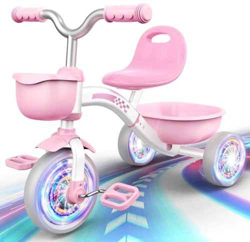 Braxel Pink Tricycles Toys for 2-5 Year Old Girls Gifts, Balance Bike 2-5 Year Old with 3 Colorful Lighting Wheels & Adjustable Seat, Baby Toddler Kids Cycle Trikes for Girls Toys Age 2 3 4 5