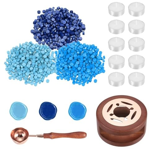 PATIKIL 300 Stück 10 Stück Wachs Siegel Set Wachsperlen Holz 3 Blaue Töne | Teelichter, Wärmer Schmelzlöffel, Für Briefumschläge Basteln DIY