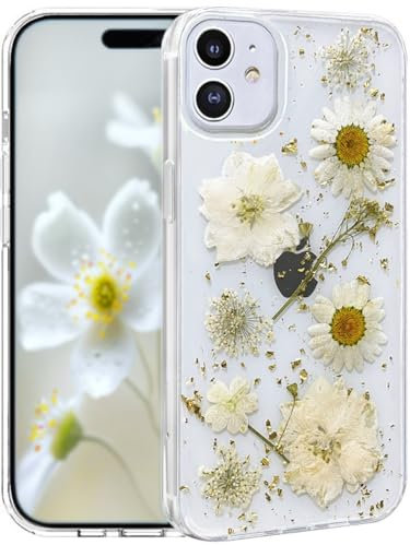 Efitoo for iPhone 11 Case Clear Glitter with Flowers Design Real Dried Pressed Flower/Floral Gold Sparkle Cute Soft Slim Aesthetic Shockproof Protective Girly Women Girls Phone Cover (White)
