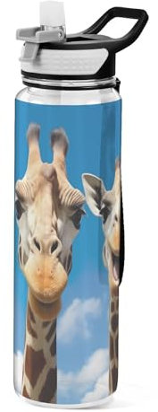 Fuauuyl Funny Giraffes Water Bottle with Straw Lid, 32oz Large Leakproof & BPA Free Tritan Drinking Bottle for Sports, Gym, Travel