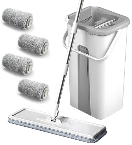 Serpillière Seau Essoreur, Balai Serpillère Essoreur avec Seau, Balai Plat Rotatif 360° avec Poignée, Mop Serpillere et 4 Tampons Microfibre Réutilisables pour Nettoyage de Sol
