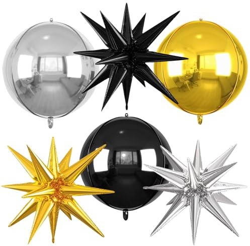6 Stück Explodieren Stern Luftballons und Groß 4D Folienballons, Discokugel Luftballons, Disco Ballons für Geburtstag Hochzeit Halloween Karneval und 70 80 90er Jahre Party (C)