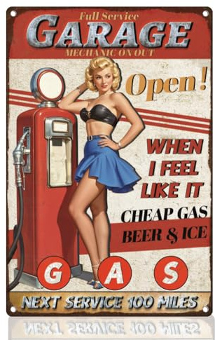 DOODLREAM Pin Up Lady Tin Sign Full Service Garage Wall Decor 20 x 30 cm Metal Sign for Home Man Cave Garage Gas Station Cafes Bars Club Decor Gift