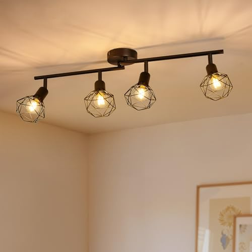 Gr4tec Deckenlampe Schwarz, Deckenstrahler 4 Flammig E14, Ohne Leuchtmittel | Deckenleuchte Strahler Vintage Industrial, Metall Deckenspot Innen, Schwenkbar Küchenlampe Wohnzimmerlampe Flurlampe Decke
