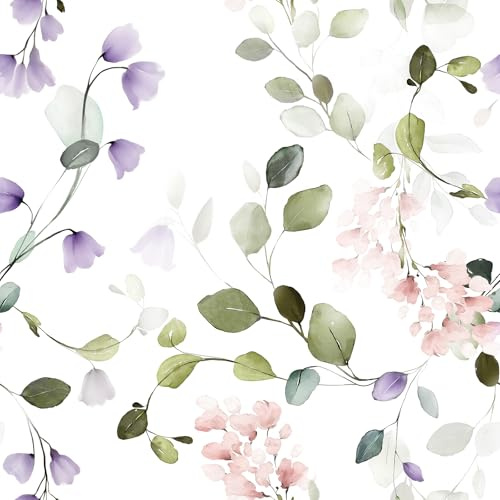ReWallpaper Papier peint à motif feuilles botaniques - Papier peint aquarelle à motif floral blanc et rose - Pour chambre à coucher, chambre de fille, chambre de bébé, placard, tête de lit, mur