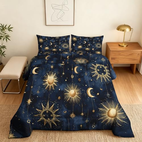 Generisch Sonne Mond Sterne Bettdecke 140x200 4 Jahreszeiten, Ohne Bezug, 1 Kissenbezug 70x90, Himmlische Blau Motiv Wende Steppdecke, Schlafzimmer Deko, Geschenke, Superweich - S&E321