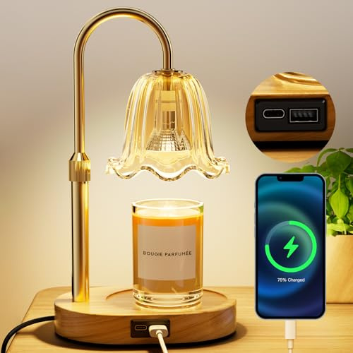 Candle Warmer Lamp - Dimmable & Timer with USB, Type-C Ports, 2 Bulbs | Height Adjustable Flameless Candle Lamp, Flower Lamp Birthday Gifts for Women Mum, New Home Decor House Warming Gifts