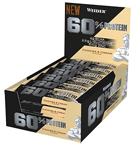 Weider Barra de Proteína 60%, Sabor Galletas con Crema -Pack de 24 Unidades x 45 g - Total: 1080 g