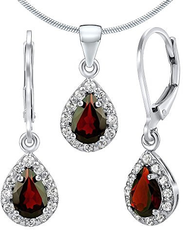 SILVEGO Granat Schmuck-Set aus 925 Sterling Silber mit echtem Granat Ohrringe und Halskette