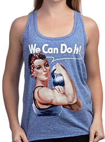 Ann Arbor T-shirt Co. Rosie The Lifter | Cute Workout Exercise Lifting Women Kettlebell Racerback Tank-(Racerback,M) Vintage Blue